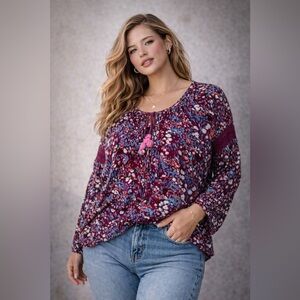 Roxy 3/4 Sleeve Floral Peasant Top Burgundy Size X-Large